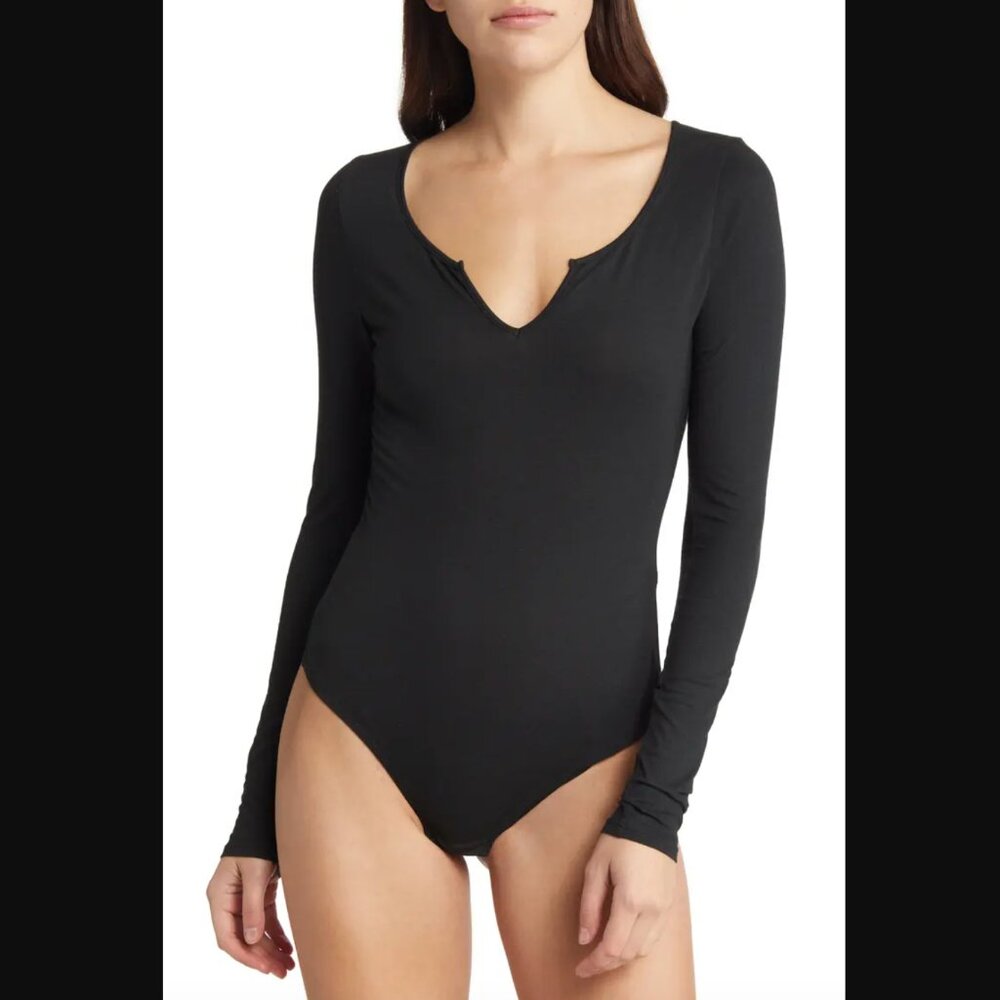 Madewell Black Pointelle Split Neck Scoop Neck Long Sleeve Thong Bodysuit